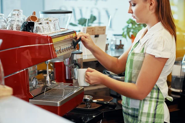 Side View Pretty Barista Woman Apron Making Coffee Machine Standing — Stock Photo, Image