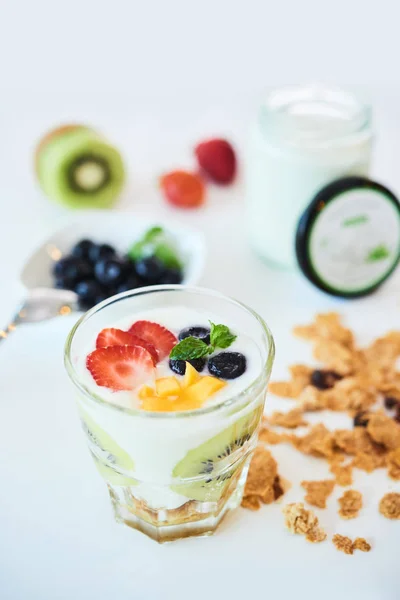 Primer Plano Vaso Lleno Yogur Adornado Con Mezcla Frutas Mesa — Foto de Stock