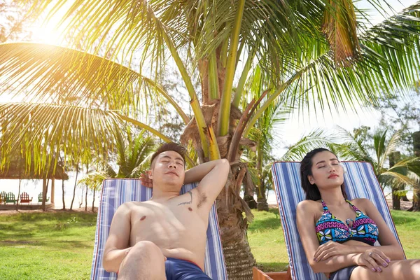 Casal Jovem Descansando Espreguiçadeira Sob Palmas Das Mãos Desfrutando Suas — Fotografia de Stock