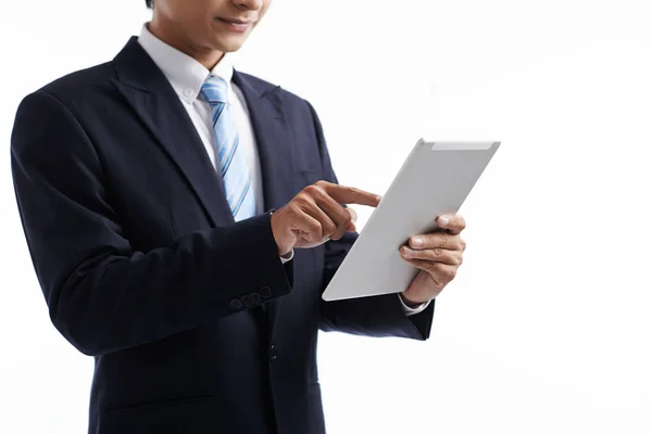 Tablet Ordenador Manos Joven Empresario Aislado Blanco — Foto de Stock