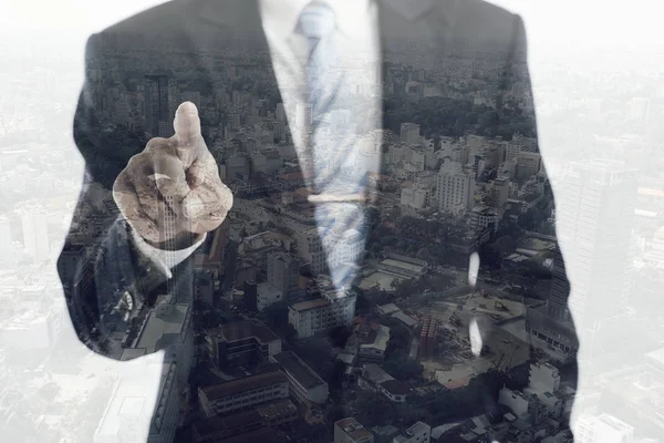 Double Exposure Pointing Businessman Big City — Stock Photo, Image