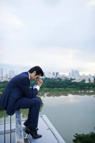 Sad Stressed Young Businessman Sitting Rooftop Difficult Day — Stock Photo, Image