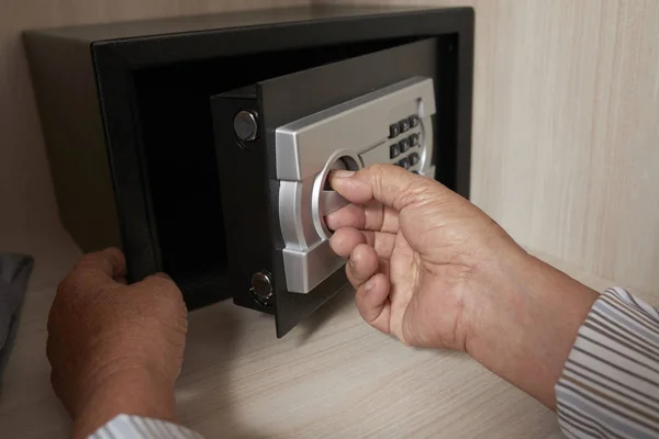 Hands Aged Man Closing Secure Safe Money Hotel Room — Stock Photo, Image