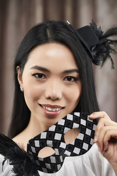 Face Young Asian Woman Holding Beautiful Mask She Made Masquerade — Stock Photo, Image