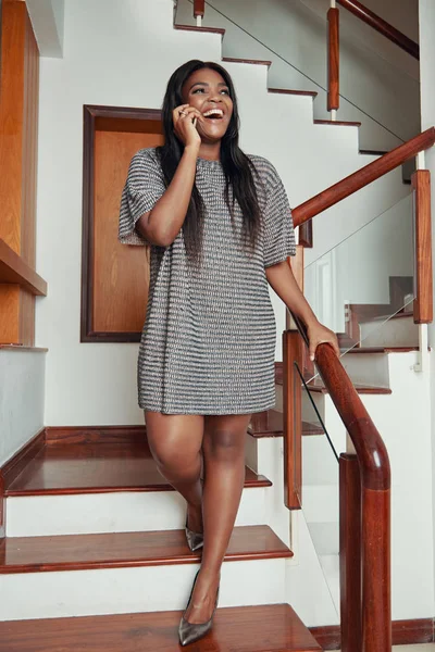 Happy Laughing Young African American Woman Walking Stairs Calling Phone — Stock Photo, Image