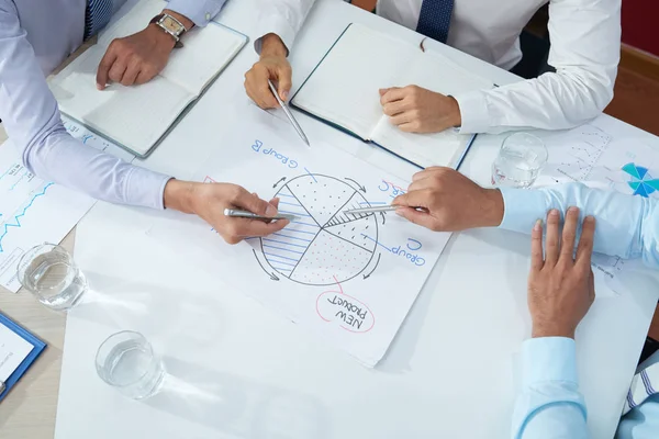 Handen Van Zakelijke Mensen Bespreken Grafiek Waarmee Projectontwikkeling — Stockfoto