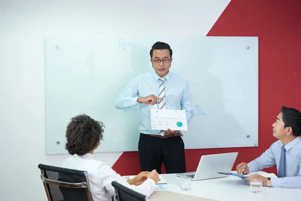 Professional Financial Analyst Showing Document Annual Report Colleagues — Stock Photo, Image
