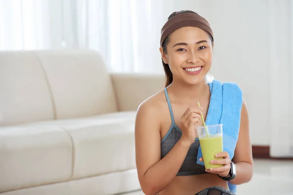Portrait Young Beautiful Asian Woman Active Wear Holding Homemade Protein — Stock Photo, Image