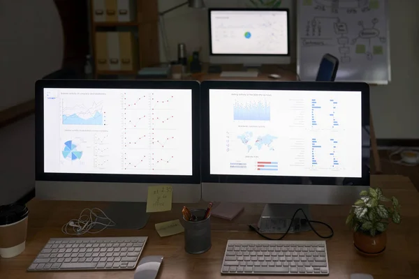 Два Светящихся Экрана Компьютера Различными Графиками Диаграммами Большом Столе Офисе — стоковое фото
