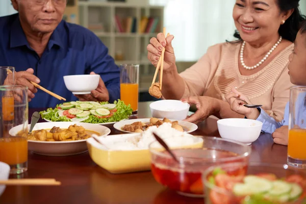 Smiling Aged Asian Woman Enjoying Tasty Food Family Dinner — Stock Photo, Image