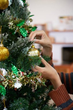 Neşeli Noel biblo köknar ağacı evde üzerinde teslim kadın