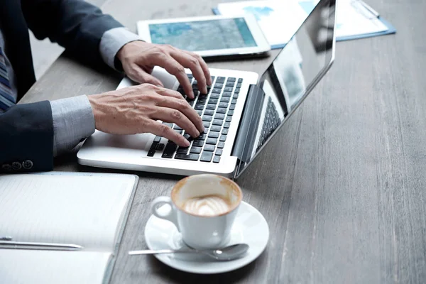Cropped Image Business Executive Drinking Coffee Working Financial Report Cafe — Stock Photo, Image