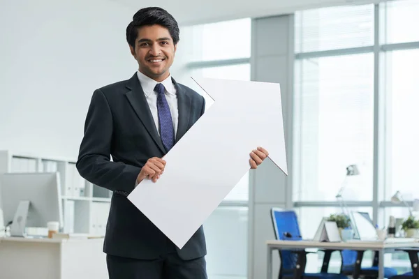 Entrepreneur Suit Holding Big Paper Arrow Turned Smiling While Standing — Stock Photo, Image