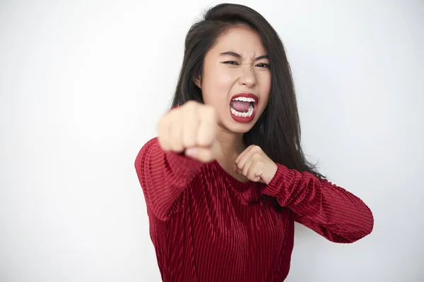Portrait Angry Young Girl Clenching Fists Screaming Standing Isolated White — Stock Photo, Image