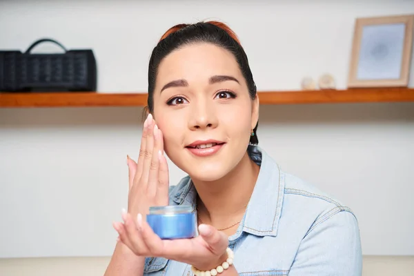 Portrait Young Beautiful Woman Holding Face Cream Applying Her Face — Stock Photo, Image