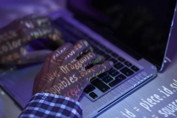 Human Hands Laptop Keypad Entering Data While Reflection Coded Information — Stock Photo, Image