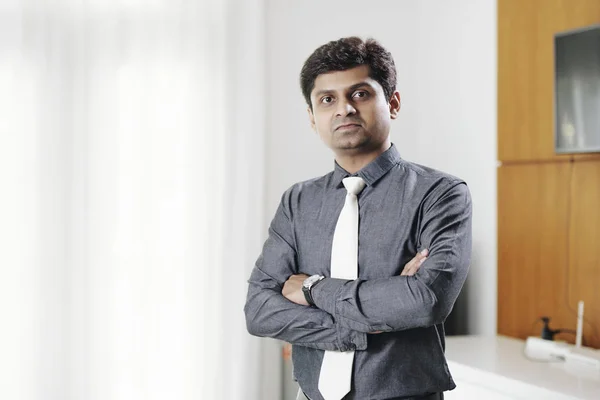 Serious Mature Entrepreneur Folding His Hands Looking Camera — Stock Photo, Image