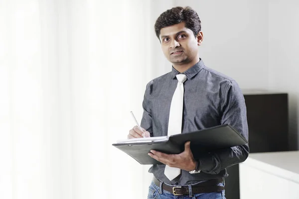 Positive Handsome Indian Entrepreneur Signing Business Contract Smiling Camera — Stock Photo, Image