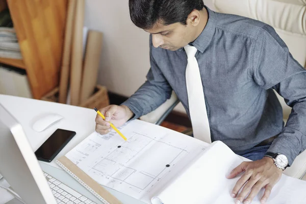 Professional Architect Searching Mistakes Construction Plan — Stock Photo, Image