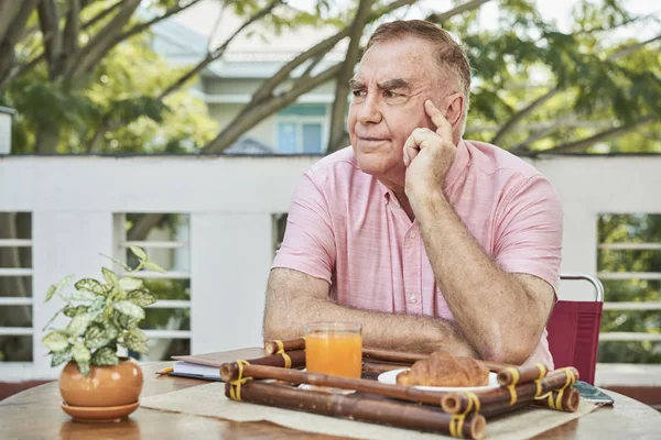 Pensive Senior Man Sitting Outdoor Cafe Tray Breakfast Front Him — Stock Photo, Image