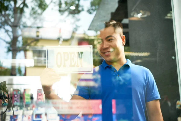 Smiling Vietnamese Shop Assistant Turning Open Sign Store Door — Stock Photo, Image