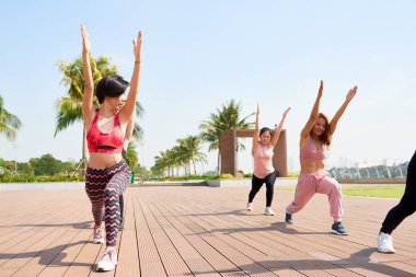 Grup egzersiz yeşil park döşeli Teras yiyorsunuz uygun Asyalı kadın