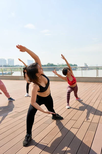 Sportive Ethnic Women Sportswear Working Out City Seafront Bright Sunlight — Stock Photo, Image