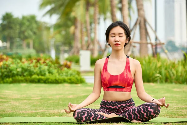 Young Asian Woman Sportswear Sitting Mat Green Summer Park Meditating — Stock Photo, Image