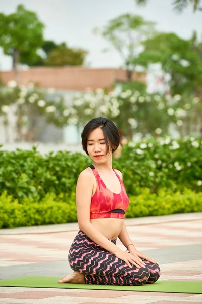 Young Fit Asian Woman Sportswear Sitting Mat Park Practicing Yoga — Stock Photo, Image