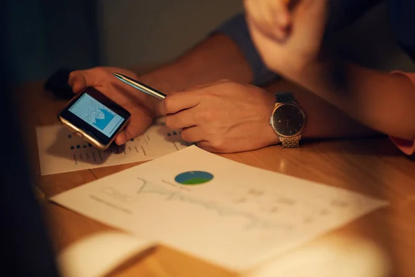 Hands Financial Managers Discussing Charts Meeting Late Night — Stock Photo, Image