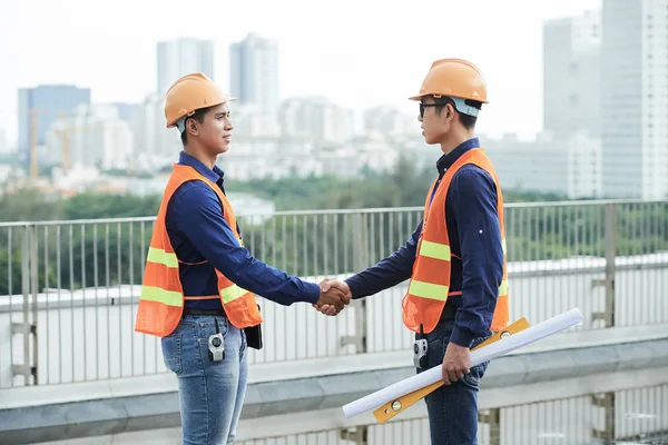 Vista Lateral Chicos Asiáticos Jóvenes Cascos Seguridad Chalecos Sosteniendo Plano —  Fotos de Stock