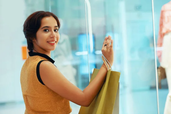 Beautiful Smiling Woman Short Hairstyle Touching Glass Window Showcase Looking — Stock Photo, Image