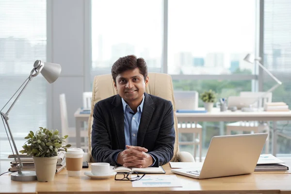 Handsome Indian Man Sitting His Table Office Smiling Camera — Stock Photo, Image