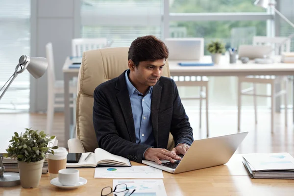 Indyjski Przedsiębiorca Działa Laptopie Przestronne Nowoczesne Biuro — Zdjęcie stockowe