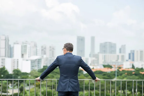 Rear View Successful Entrepreneur Standing Rooftop Building Looking City — Stock Photo, Image