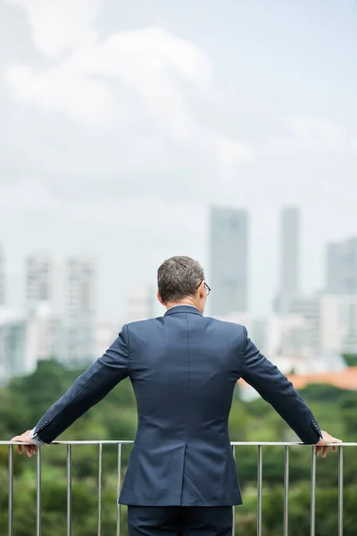 Successful Mature Entrepreneur Enjoying Cityscape Top Office Building — Stock Photo, Image