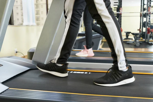 Close Man Sport Trousers Sneakers Walking Treadmill Gym — Stock Photo, Image