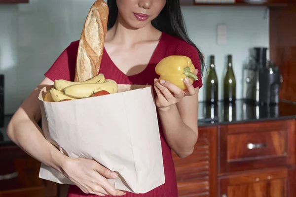 Cropped Image Woman Unpacking Paper Bag Products She Bought Grocery — Stock Photo, Image