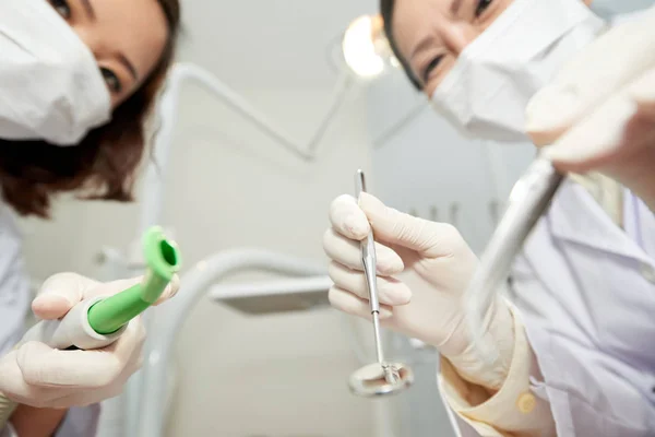 View Asian Dentist Assistant Holding Tools Working Patient Dental Office — Stock Photo, Image