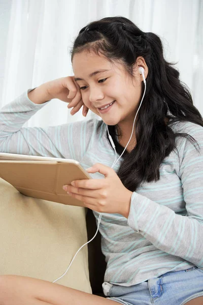 Smiling Pretty Teenage Girl Enjoying Watching Movie Tablet Computer — Stock Photo, Image