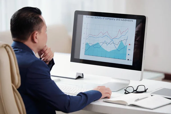 Entrepreneur Checking Diagram Business Activity Data His Computer — Stock Photo, Image