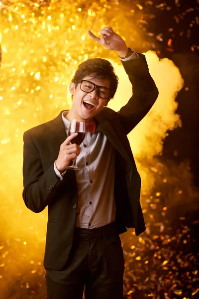 Handsome Young Man Glasses Dancing Nightclub Wine Glass Hand — Stock Photo, Image