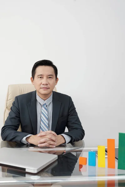 Retrato Empreendedor Vietnamita Meia Idade Mesa Escritório Com Diagrama — Fotografia de Stock