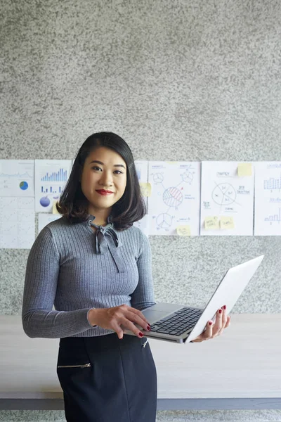 Portrait Asian Young Office Worker Standing Laptop Preparing Business Presentation — Stock Photo, Image