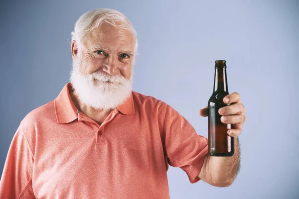 Portrait Aged Bearded Man Raising Bottle Beer — Stock Photo, Image