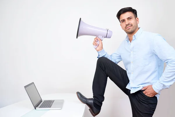 Positive Confident Young Businessman Megaphone Standing One Leg Table Looking — Stock Photo, Image