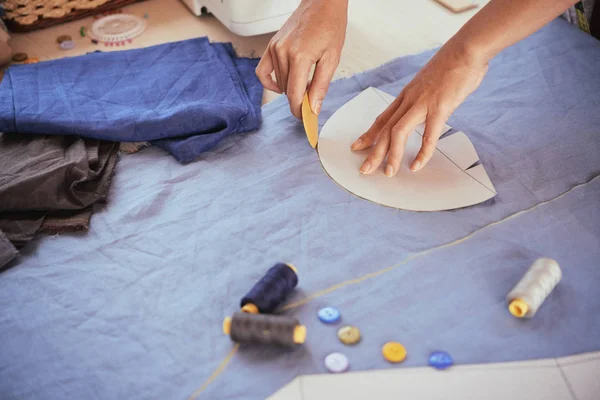 Shot Hands Fashion Designer Using Chalk Outline Paper Pattern Blue — Stock Photo, Image