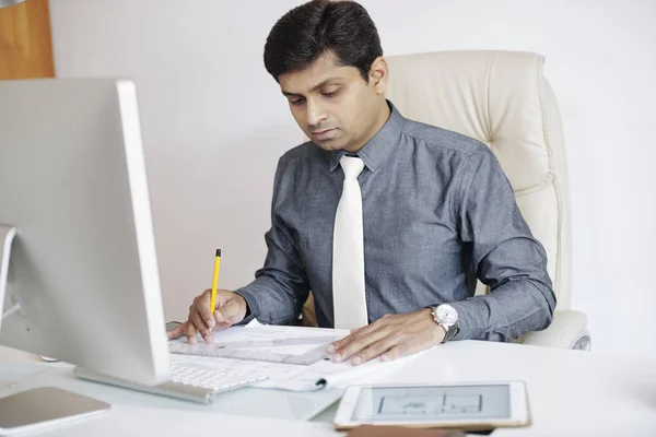Serious Professional Indian Architect Checking Construction Plan New Building — Stock Photo, Image