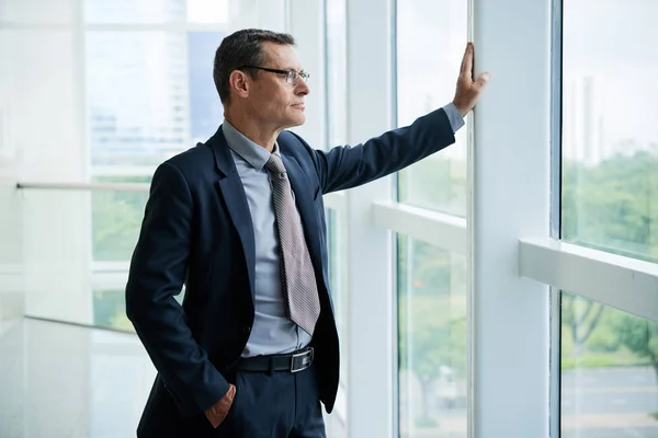 Caucasian Businessman Suit Looking Window While Standing Office — Stock Photo, Image