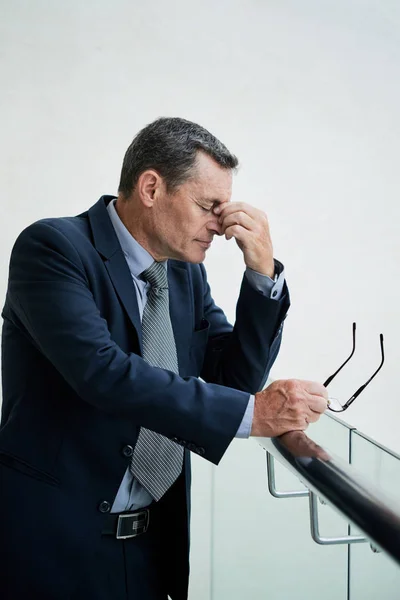 Tired Caucasian Businessman Suit Holding Glasses Touching Nose — Stock Photo, Image
